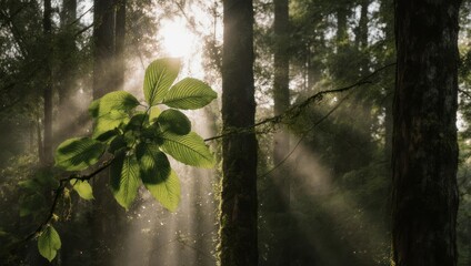 Sunlight streams through a misty forest, highlighting vibrant green leaves