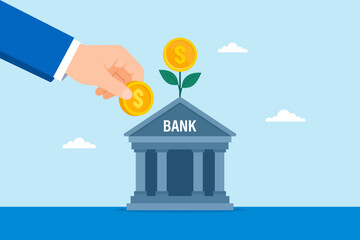 Flat illustration of businessman hand depositing coin into bank building with growing money plant symbolizing savings growth investment return financial stability and wealth accumulation