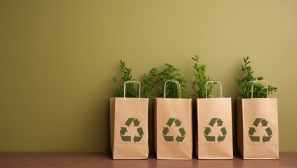 Fototapeta premium Four brown paper bags with recycling symbols, holding green plants, representing eco-friendly shopping, sustainability, and growth