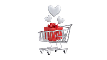 Obraz premium Shopping cart holds a red gift box and floating hearts, AI, PNG
