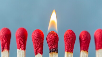 Burning match standing out among unlit matches, leadership concept