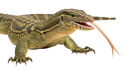 Obraz premium A Komodo dragon standing on a rock, tongue out, in a natural habitat, viewed from the side, captured in a photograph