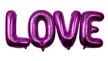 Purple balloons gleam with the word love, created AI, PNG