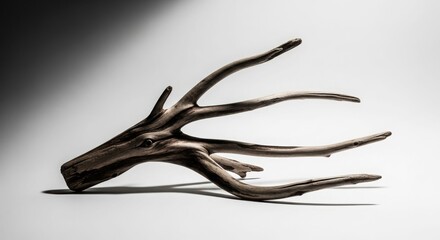 Obraz premium A gnarled piece of dark driftwood or tree root with multiple branches, isolated on a white background with a subtle shadow.