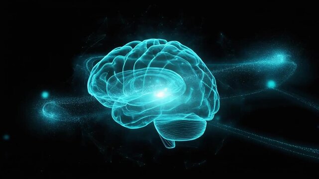 Glowing, digital illustration of a brain with flowing, bright teal energy on a black background