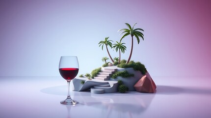 Fantasy Miniature Island Inside Wine Glass Dreamlike Illustration