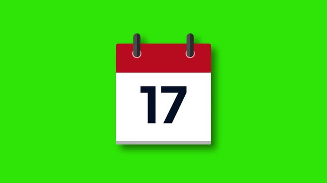 Calendar countdown animation from 31 to 1 ending with d-day marked with pin on green screen background
