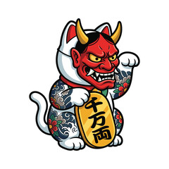Obraz premium Japanese Lucky Cat Maneki Neko Wearing Red Oni Demon Mask