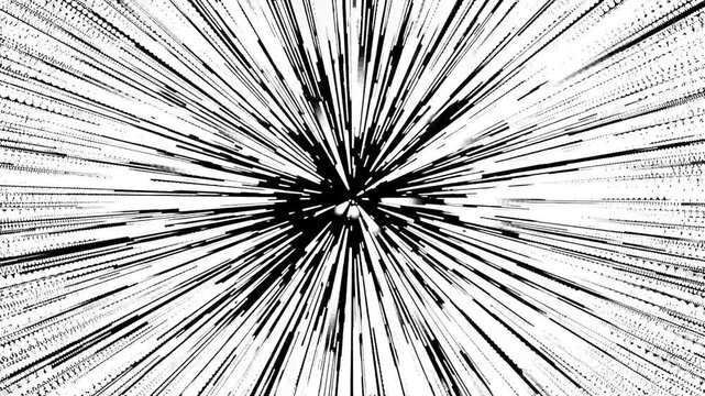 Space warp speed animation with white stars turning into light streaks for sci-fi hyperspace travel concept on black background
