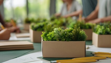 Creative team collaborating on eco-friendly design ideas in an office, fostering teamwork and environmental awareness