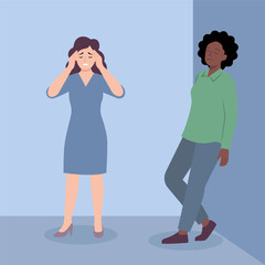 Fototapeta premium Illustration of women suffering from different health symptoms, featuring a woman with a migraine headache and another experiencing fatigue and exhaustion.