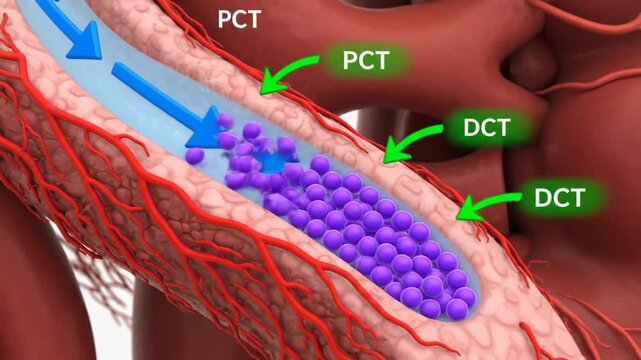 3D animation illustrating the human kidney's internal anatomy and the reabsorption process within the nephron tubules.