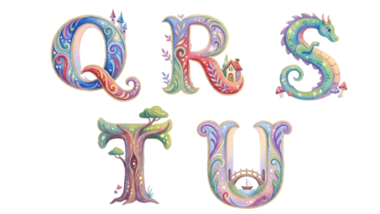 Enchanted Alphabet Letters Q R S T U With Magical Designs and Fairytale Elements