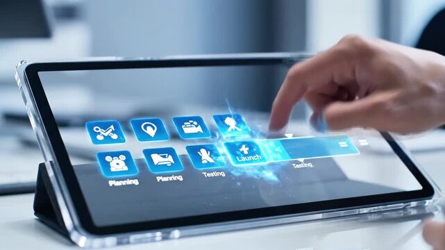 A hand interacts with a tablet displaying various icons and a menu