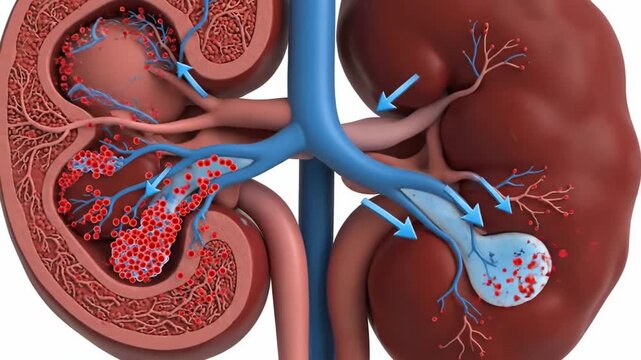 A detailed 3D animation showcasing the intricate internal structure and vital filtration process of human kidneys.