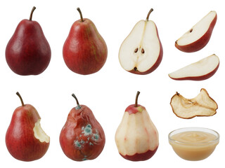 Red Pear Set: Whole, Sliced, Rotten and Sauce Fruit on White