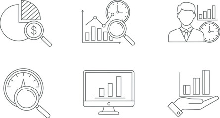 Business analysis icons featuring graphs and magnifying glass