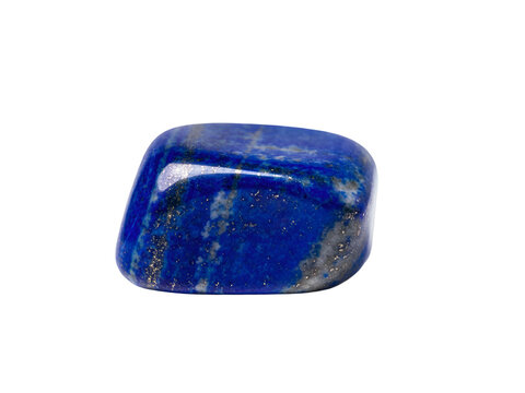 A polished lapis lazuli gemstone isolated on a plain background, viewed from directly above, showcasing its deep blue color and golden flecks