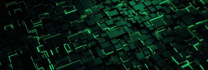 Digital platform showing abstract green glowing cubes creating a complex network and technology background