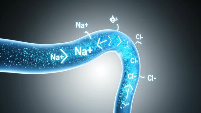 3D animation showing sodium and chloride ion transport across a biological membrane, vital for cellular function and fluid balance.