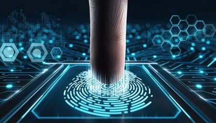 Fingerprint scanning process, complex 3d rendering on tecnology background.
