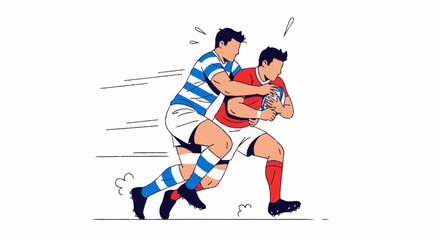 Fototapeta premium Two rugby players in action, one in blue and white stripes, the other in red, tackling each other on the field illustration