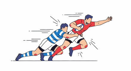 Fototapeta premium Rugby players clash in intense action on the field with ball carrier sprinting forward.