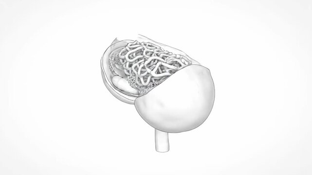 Detailed 3D sketch animation of human kidney anatomy, highlighting the nephron and glomerulus for medical education.