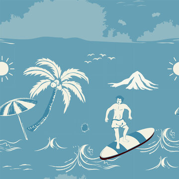summer time seamless pattern on blue color background, repeat pattern for summer season
