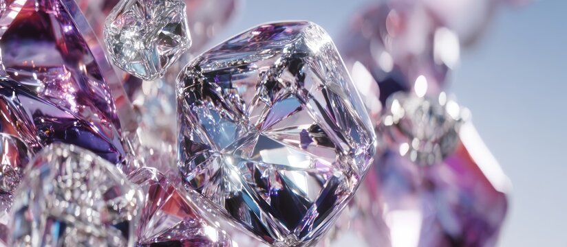 Macro shot of raw diamonds and crystals with purple and blue hues.