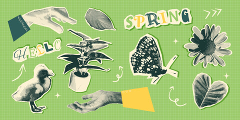 Fototapeta premium Spring element set with flowers, hands and botanical shapes. Seasonal spring collection in vintage collage halftone style. Vector illustration elements for banners, posters, web and digital design