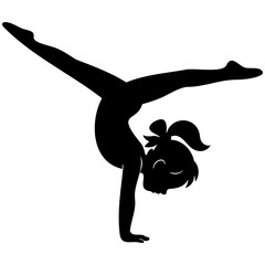 Young gymnast performs handstand, showcasing strength and balance in graceful pose