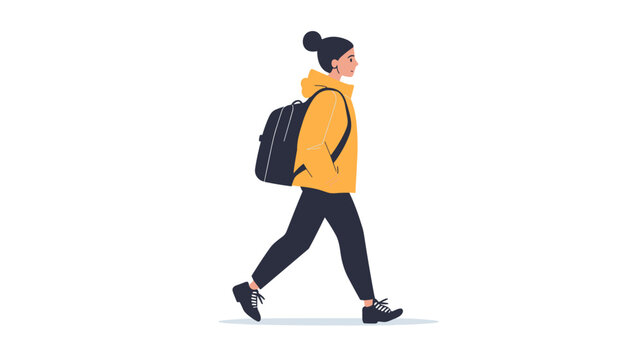 Young woman walking with backpack illustration.