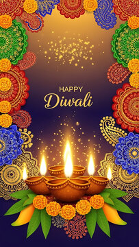Diwali Festival Lamps with Rangoli Floral Border