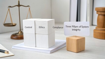 Three wooden blocks labeled Control, Ethics, and Compliance on a desk representing the pillars of system integrity in business