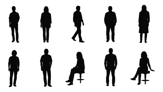 Silhouettes of people in various poses isolated on white background, Vector