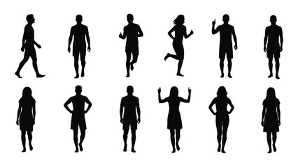 Silhouettes of people in various poses isolated on white background, Vector