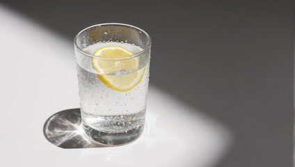 A glass of water with lemon slice, illuminated by sunlight