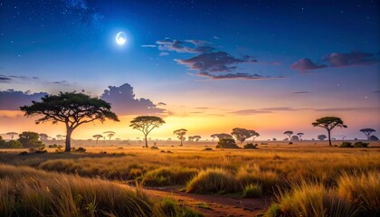 African Savanna Sunset with Acacia Trees and Full Moon Over Golden Grasslands
