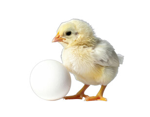 Obraz premium A fluffy, newly hatched chick stands by a large white egg against a black background