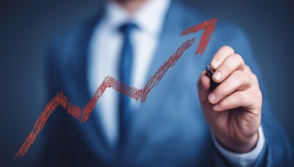 Businessman hand drawing a red arrow chart on a transparent screen, visualizing financial success, market progress, and business strategy