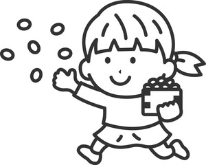 豆まきをする、女の子のアイコン（線画）のイラスト