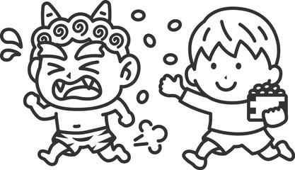 赤鬼を対峙する、男の子のアイコン（線画）のイラスト