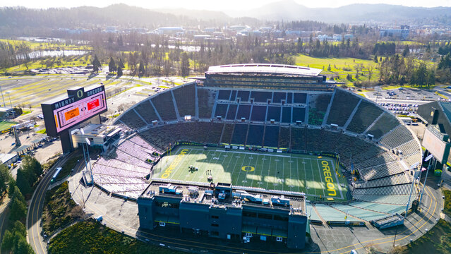 Aerial view of Autzen Stadium is an outdoor football stadium in Eugene, Oregon. It is the home field of the Oregon Ducks of the Big Ten Conference.