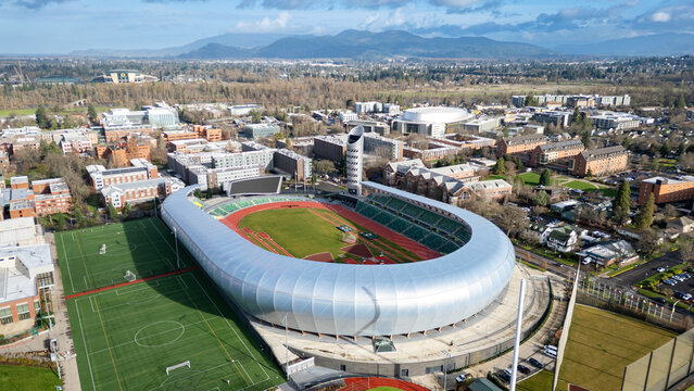 Aerial view of Hayward Field is a track and field stadium located on the campus of the University of Oregon in Eugene., home of The Prefontaine Classic