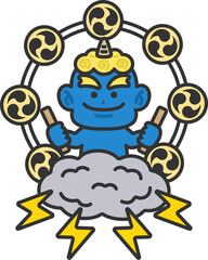 青鬼の雷様のアイコン（線画カラー）のイラスト