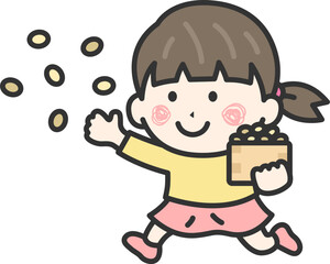豆まきをする、女の子のアイコン（線画カラー）のイラスト