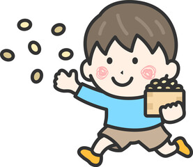 豆まきをする、男の子のアイコン（線画カラー）のイラスト