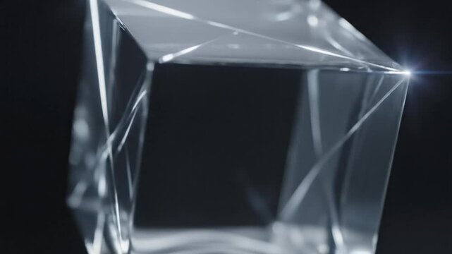 Close-up of a clear crystal or glass object with sharp facets reflecting light on a dark background.