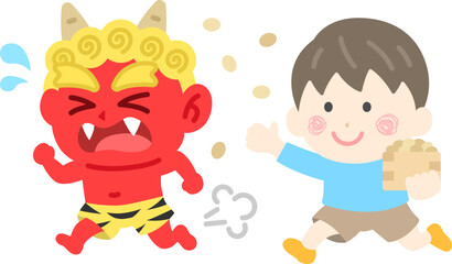 赤鬼を対峙する、男の子のアイコンのイラスト